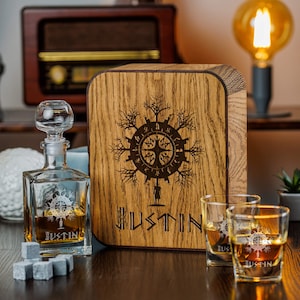 Personalized Whiskey Decanter Set: Engraved Oak Box, Viking Gift