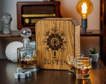 Whiskey decanter set Personalized whiskey glasses Christmas gifts for him Viking gifts Personalized Engraved wooden gift box Groomsmen gift