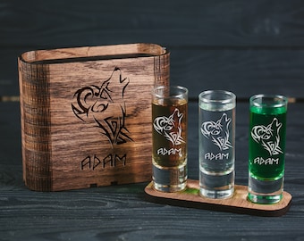 Personalized Shot Glasses with Engraved Wood Box: Wolf Design