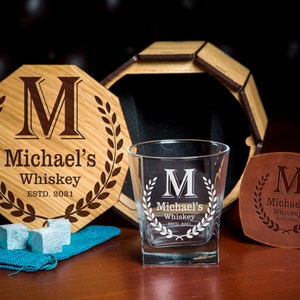 Personalized Whiskey Glass Set: Engraved Bourbon Glass with Oak Box