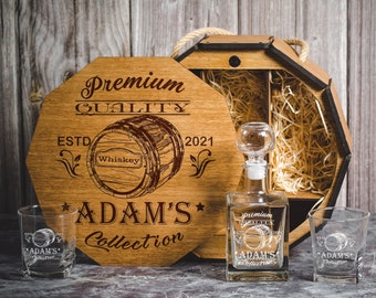 Personalized Whiskey Decanter Set: Oak Barrel Box, Bourbon Gift