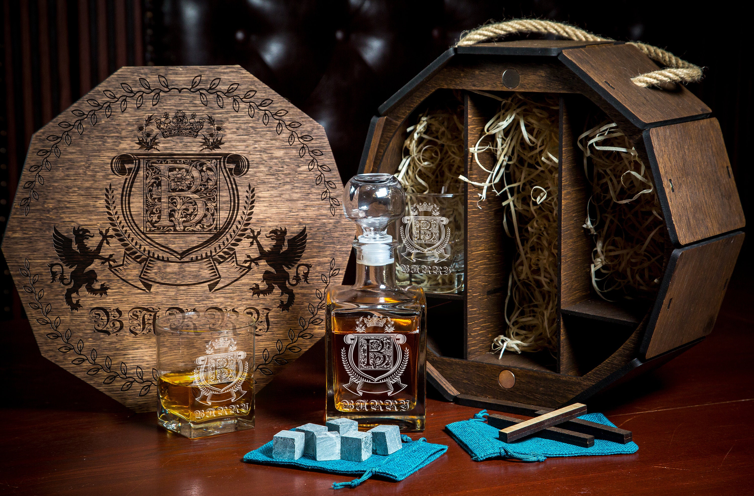 Whiskey Decanter Set in Wooden Box Set 19 Gift With Initials,bourbon ...