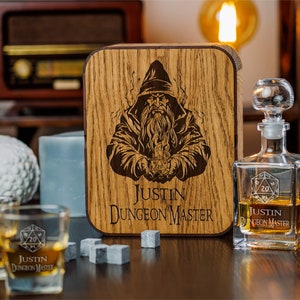 Personalized Whiskey Decanter Set: Engraved Oak Box, Game Master Gift