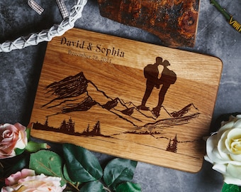 Personalized Mountain Wedding Gift Cutting Board, Engraved Oak Charcuterie Board, Hiking Couple Anniversary