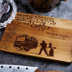 Personalized Cutting Board wedding firefighte gifts Fire Fighter Truck Bride and fireman wedding Holiday gifts  Anniversary Kitchen decor