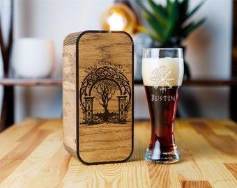 Personalized Viking Beer Glass Set, Engraved Valhalla Wood Box, Custom Groomsmen Glassware, Husband Gift