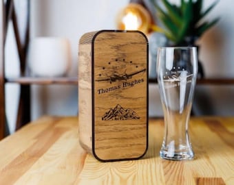 Personalized Aviator Beer Glass Gift Set - Engraved Wood Box