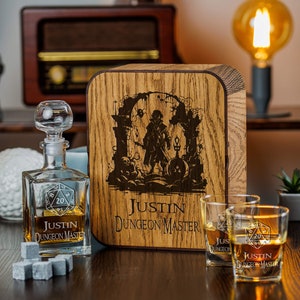 Personalized Whiskey Decanter Set: Engraved Oak Box, Game Master Gift