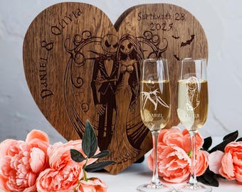Halloween Wedding Champagne Flutes with Engraved Wooden Keepsake Box