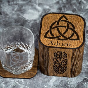 Celtic glasses whiskey glass in wood box Triquetra - viking or celtic art Gifts for him Ancient symbols Trinity Knot Personalized Engraving