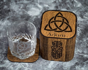 Engraved Celtic Whiskey Glass Set – Personalized Oak Box, Trinity Knot