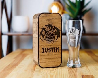 Personalized Engraved Beer Glass Gift Set, DND Gamer Dragon Wood Box