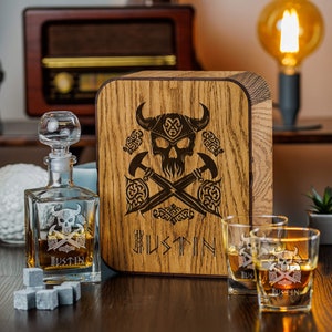Custom Engraved Whiskey Decanter & Glasses Set: Norse Runes, Groomsmen Gift