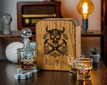 Custom Engraved Whiskey Decanter & Glasses Set: Norse Runes, Groomsmen Gift