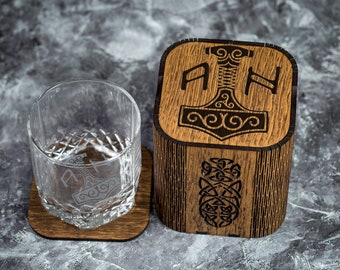 Glass with Viking Logo  - set 58 -  Personalized whiskey gift set, Viking gift for him, viking runes, gift with initial, hammer