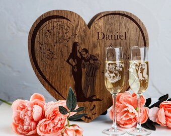 Halloween Wedding Champagne Flutes: Personalized Couple Gift, Engraved Oak Box Option