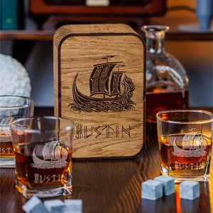 Personalized Viking Whiskey Glass Set: Engraved Wooden Box, Nordic Gift