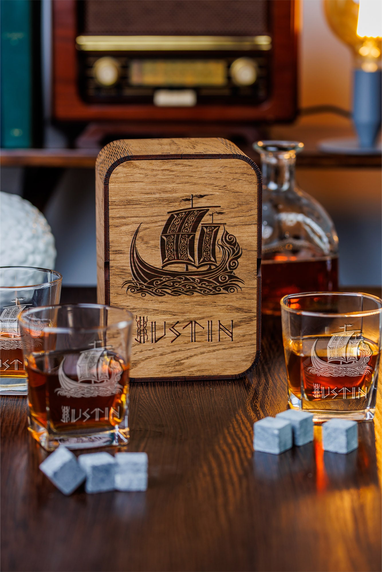 Personalized Viking Whiskey Glass Set: Engraved Wooden Box, Nordic Gift