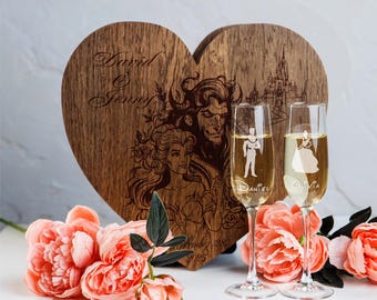 Beauty and Beast Wedding Champagne Flutes, Personalized Oak Box Set, Engraved Toasting Glasses