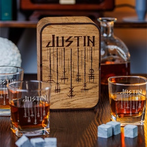 Personalized Viking Compass Whiskey Glass Set: Engraved Oak Box