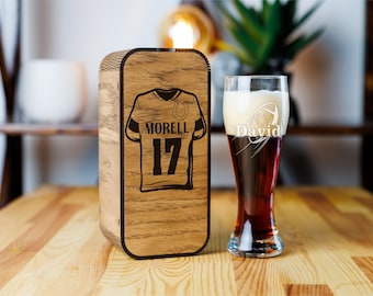 Personalized Football Beer Glass Gift: Engraved Wood Box Option