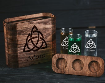 Viking Shot Glasses, Personalized Groomsmen Gift, Engraved Celtic Glass, Wood Box Set
