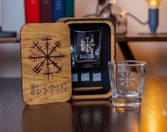 Wikinger Kompass Whisky Gläser Set: Eichenkiste mit Gravur, Steine & Untersetzer