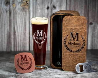 Custom Engraved Beer Glass Set: Wood Box, Coaster & Opener