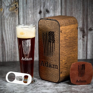 Personalized Pilsner Glass: Engraved American Flag Beer Mug, Wood Box Set