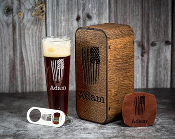 American Flag Pilsner Glass, Personalized Beer Gift Set, Engraved Groomsmen Glass, Wood Box