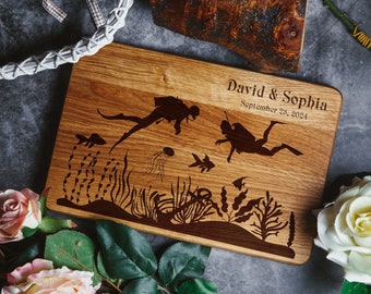 Engraved Oak Cutting Board - Scuba Diving Couple, Personalized Wedding Gift