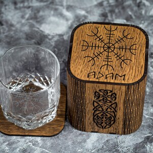 Personalized Whiskey Glass Set: Viking Logo, Engraved Oak Box