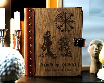 Personalized Viking Wedding Guest Book, Custom Oak Leather Norse Memory Album, Vegvisir Gift