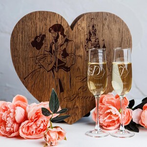 Personalized Wedding Champagne Flutes, Engraved Oak Box, Fairytale Wedding Gift