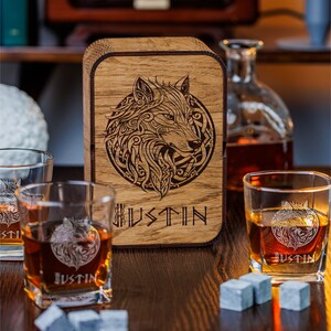 Personalized Whiskey Gift Set: Viking Fenrir Ornament, Engraved Glass & Box