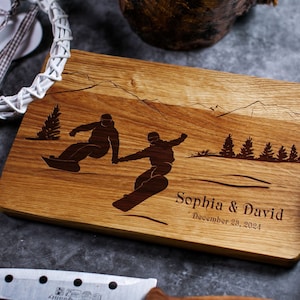 Custom cutting board Snowboarder wedding engraved board Сouple of snowboarders Wooden chopping board  Winter sport decor