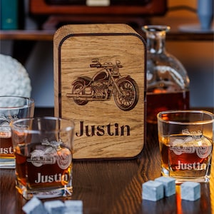 Personalized Motorcycle Whiskey Gift Set: Engraved Glass & Oak Box