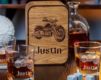 Personalized Motorcycle Whiskey Gift Set: Engraved Glass & Oak Box
