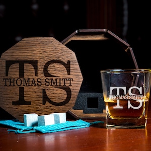 Personalized Whiskey Glass Set: Engraved Bourbon Glass with Oak Barrel Box