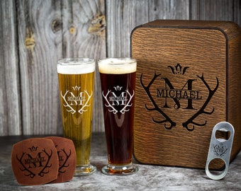 Personalized Pilsner Glass Set: Engraved Beer Mug, Wood Box, Groomsmen Gift