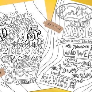 May include: Black and white printable coloring page with a Christian quote: "There is no condemnation for those who belong to Christ Jesus."  The quote is surrounded by hearts and the Bible verse "ROM. 8:1" is included.
