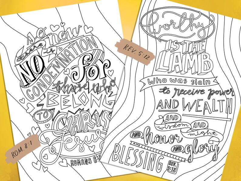 May include: Black and white printable coloring page with a Christian quote: "There is no condemnation for those who belong to Christ Jesus."  The quote is surrounded by hearts and the Bible verse "ROM. 8:1" is included.