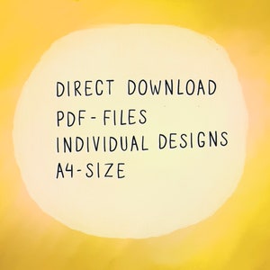 May include: A yellow background with a white circle in the center. The circle contains the text "DIRECT DOWNLOAD PDF - FILES INDIVIDUAL DESIGNS A4-SIZE".