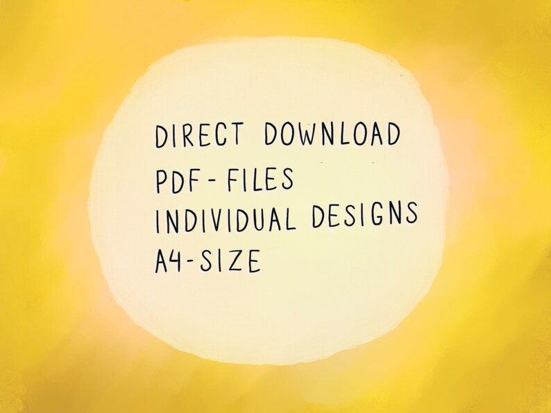 May include: A yellow background with a white circle in the center. The circle contains the text "DIRECT DOWNLOAD PDF - FILES INDIVIDUAL DESIGNS A4-SIZE".