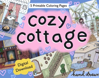 Cosy cottage kleurplatenbundel, hygge, scandi-stijl, handgetekend, afdrukbaar (pdf)