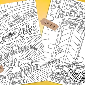 May include: Two black and white coloring pages with Christian quotes. The first page features the quote "I AM the resurrection and the life. The one who believes in me will live even though they die." with the scripture references John 11:25 and John 11:15. The second page features the quote "In Him we have redemption through His blood." with the scripture reference Ephesians 1:7.