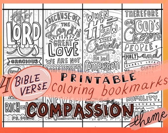 4 Coloring Bible Verse Bookmarks, Printable Christian Bookmarks, Compassion Themed, Christian Bookmarks for Women, Bible Study Resources