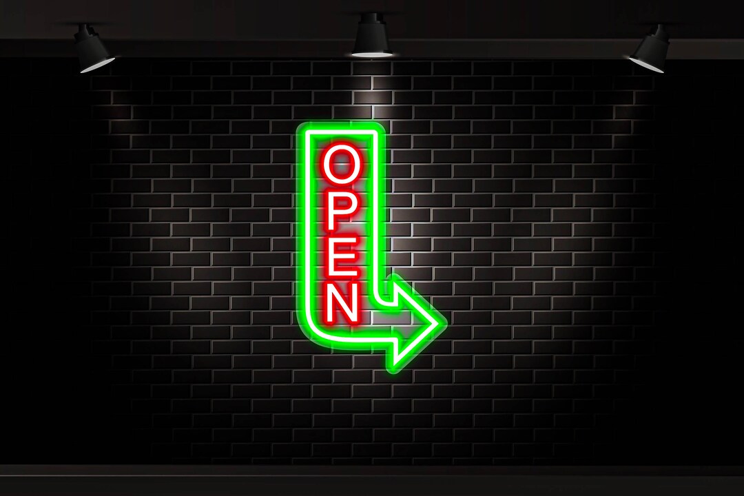 Vertical Open Neon Sign With Arrow for Business, Outdoor Open Sign Bar
