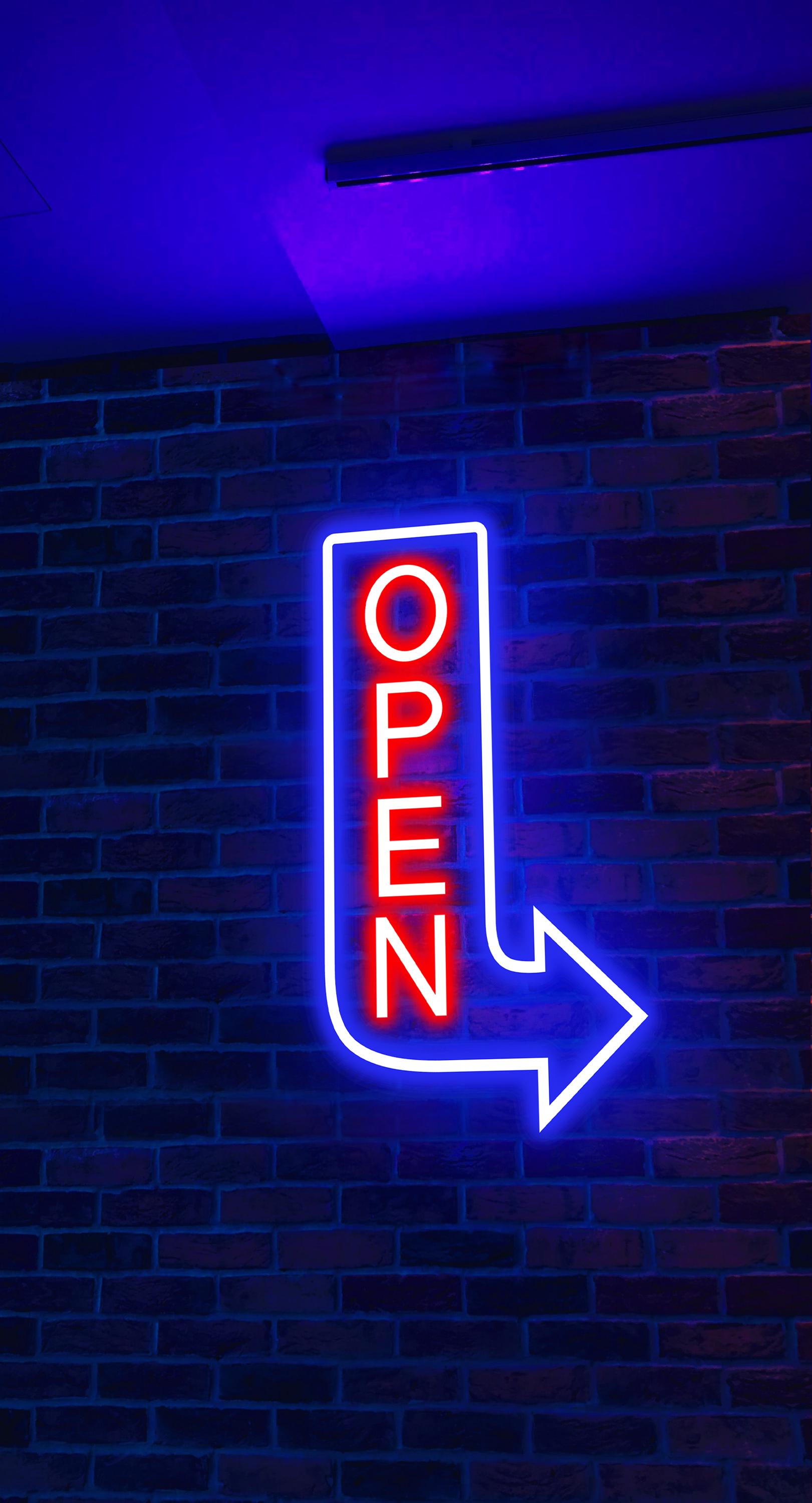 Vertical Open Neon Sign With Arrow for Business, Outdoor Open Sign