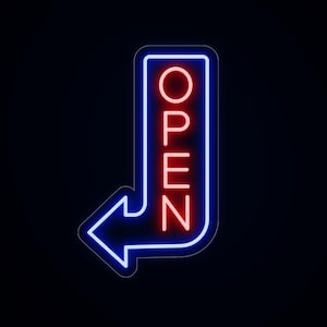May include: Neon sign with a blue border and an arrow pointing left. The word "OPEN" is displayed vertically in red neon against a black background. The sign is designed to indicate a business is open.